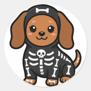 Adesivo Redondo Cachorro-Salsicha Esqueleto Fofo de Halloween