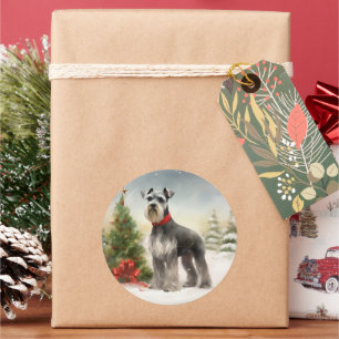 Adesivo Redondo Cachorro Schnauzer na Neve Natal