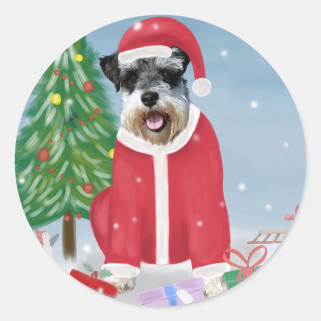 Adesivo Redondo Cachorro Schnauzer no Natal da Neve (Frente)