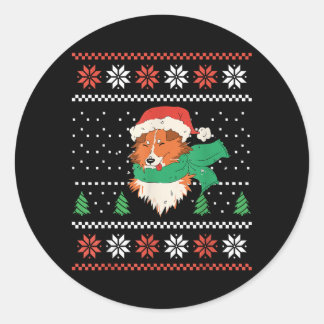 Adesivo Redondo Cachorro Sheltie de Natal com Chapéu de Papai Noel