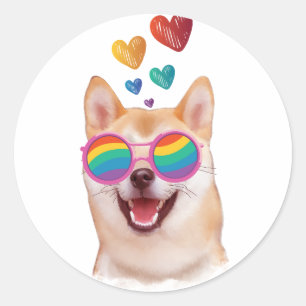 Adesivo Redondo Cachorro Shiba Inu com Corações Dia dos Namorados