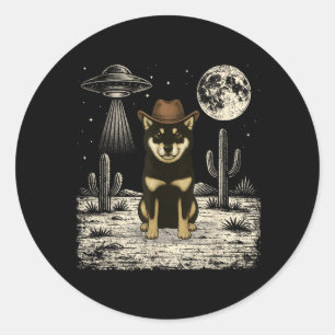 Adesivo Redondo Cachorro Shiba Inu Cowboy Ocidental Engraçado Ufo