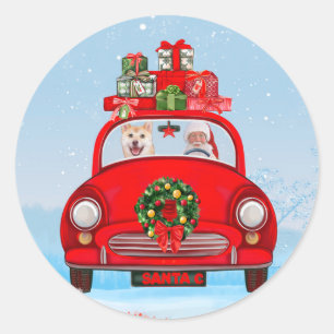 Adesivo Redondo Cachorro Shiba Inu no carro com Papai Noel