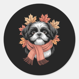 Adesivo Redondo Cachorro Shih Tzu Cachecol de Outono Cães Folhas d