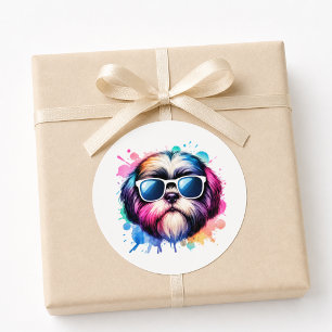 Adesivo Redondo Cachorro Shih Tzu Legal Aquarela Usando Óculos de