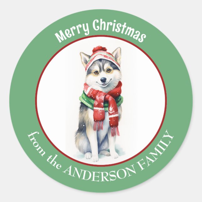 Adesivo Redondo Cachorro Siberiano Husky em Red Christmas Scarf an (Frente)
