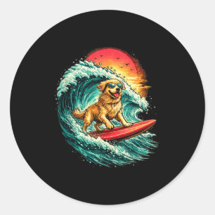 Adesivo Redondo Cachorro surfista engraçado golden retriever praia