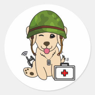 Adesivo Redondo Cachorro-Tronco Vestindo capacete do exército