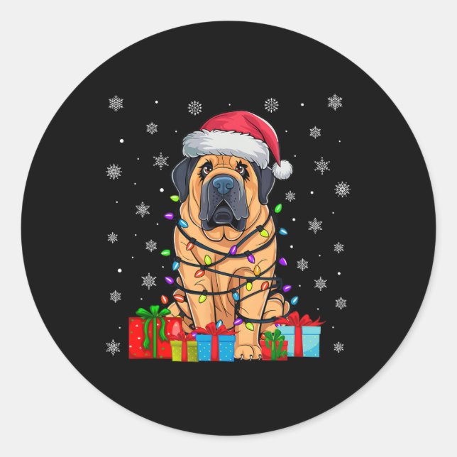 Adesivo Redondo Cachorro Ugly Xmas Lights Santa Hat Tibetan Mastif (Frente)