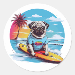 Adesivo Redondo Cachorro vetor surfando nas ondas