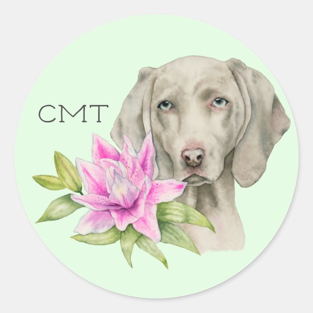 Adesivo Redondo Cachorro Weimaraner e Lily Watercolor | Monograma (Frente)