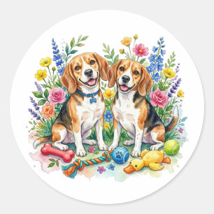 Adesivo Redondo Cachorros Beagles em Aquarela Fofos