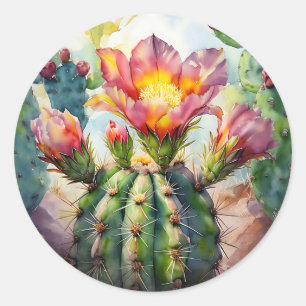 Adesivo Redondo Cacto Aquarela com Flores do Deserto Vibrantes