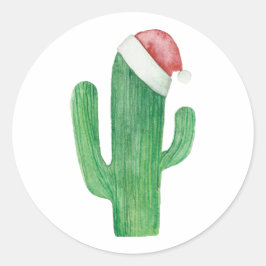 Adesivo Redondo Cacto de Natal em aquarela. Santa Claus cactos