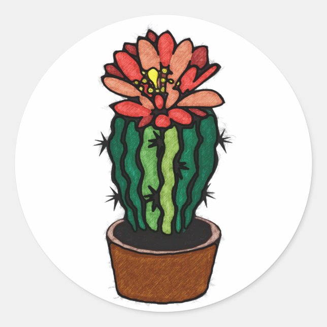Adesivo Redondo Cacto De Tinta Colorido Flor Vermelho (Frente)