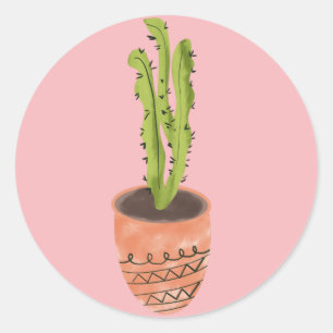 Adesivo Redondo Cacto Planta Terracota Desenhado à Mão Rosa