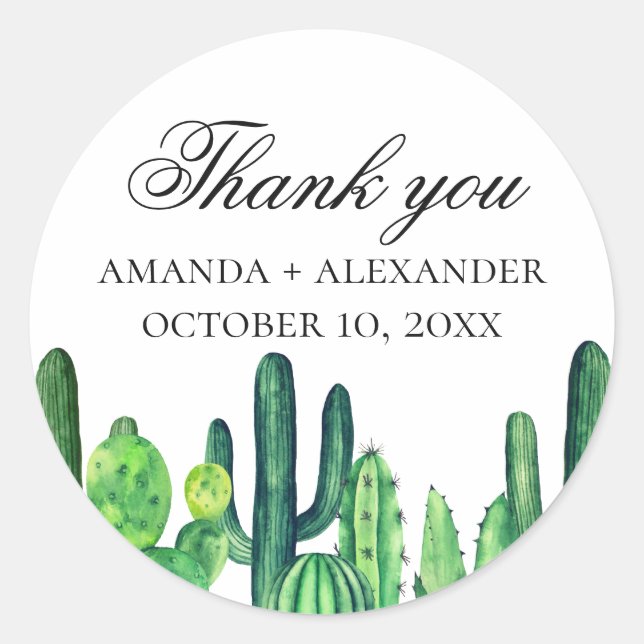 Adesivo Redondo Cacto verde de aquarela. Obrigado de casamento de  (Frente)
