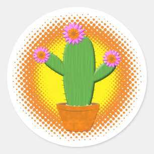 Adesivo Redondo Cactus De Cartoon Gelado Com Flores Rosa