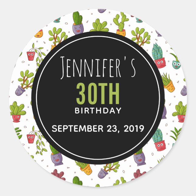 Adesivo Redondo Cactus Nature Suculenta Padrão Aniversário (Frente)