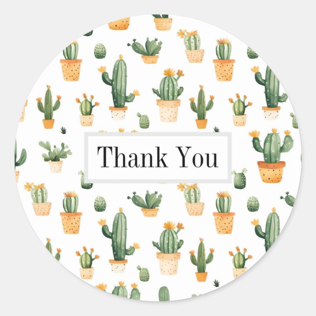 Adesivo Redondo Cactus Potado em Branco (Frente)