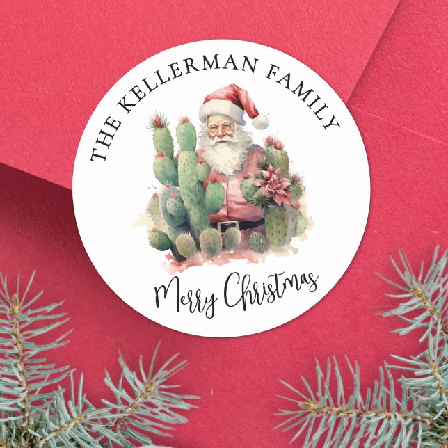 Adesivo Redondo Cactus Santa Christmas (Cactus Santa Merry Christmas Classic Round Sticker)