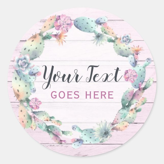 Adesivo Redondo Cactus Sucultos E Boêmia Da Madeira Rústica (Frente)