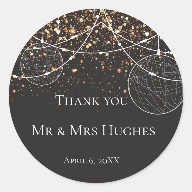 Adesivo Redondo Cadeia de luzes Dourada confetti Obrigado (Frente)