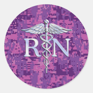 Adesivo Redondo Caduceus de prata do RN da enfermeira diplomada em