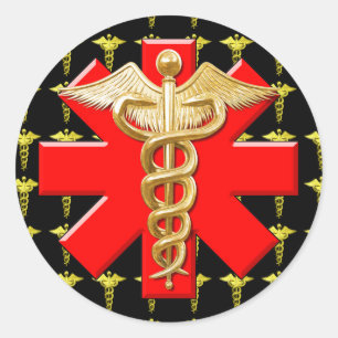 Adesivo Redondo Caduceus Dourado e cruz médica