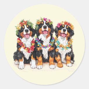 Adesivo Redondo Cães Berneses de Montanha Havaianos Lei de Flores