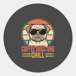 Adesivo Redondo Cães de Café e Pug Retro Chill