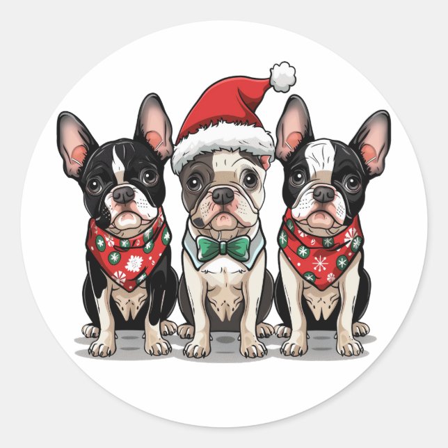 Adesivo Redondo Cães de Natal em Boston Terrier (Frente)