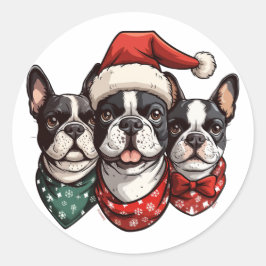 Adesivo Redondo Cães de Natal em Boston Terrier