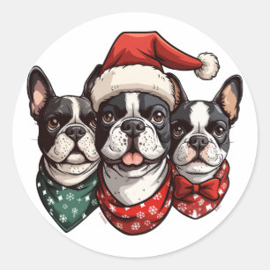 Adesivo Redondo Cães de Natal em Boston Terrier