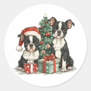 Adesivo Redondo Cães de Natal em Boston Terrier