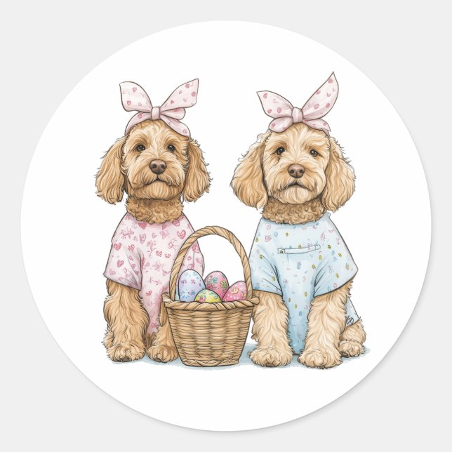 Adesivo Redondo Cães Goldendoodle de Páscoa (Frente)