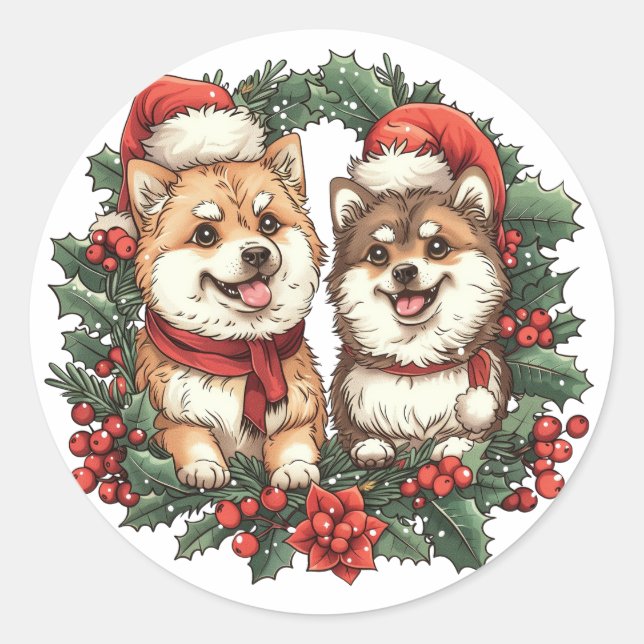 Adesivo Redondo Cães Pomeranianos Mistletoe Wreath (Frente)