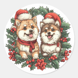 Adesivo Redondo Cães Pomeranianos Mistletoe Wreath