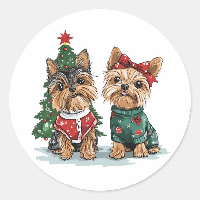 Adesivo Redondo Cães Yorkie de Natal (Frente)