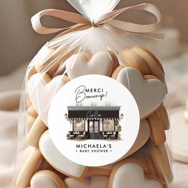 Adesivo Redondo Café Bébé Black White Paris Obrigado Chá de fralda (Criador carregado)