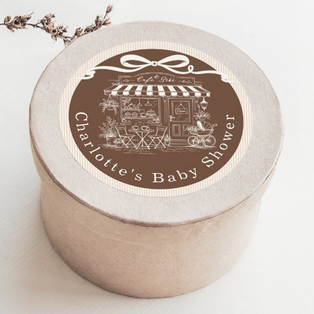 Adesivo Redondo Cafe Bebe Brown Stripes Parisian theme Baby Shower (Criador carregado)