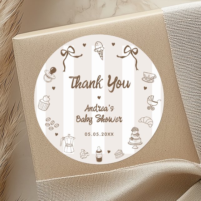 Adesivo Redondo Café Bébé French Hand Drawn Baby Shower Thank You (Criador carregado)