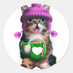 Adesivo Redondo Café bebendo de gato engraçado