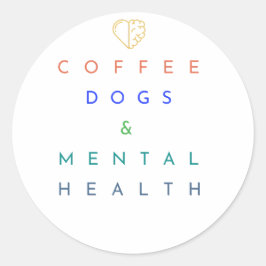 Adesivo Redondo Café, Cães e Saúde Mental - O Trio Perfeito