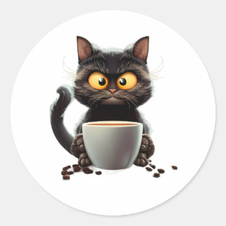 Adesivo Redondo Café Cat Vintage Cartoon Colorido
