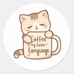Adesivo Redondo Café de Abraço de Gatinho Fofo Linguagem do Amor