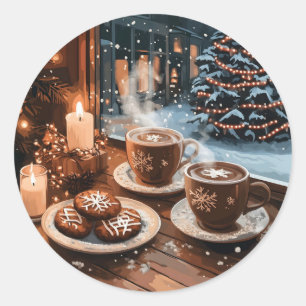 Adesivo Redondo Café de inverno com cacau quente e biscoitos