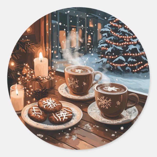 Adesivo Redondo Café de inverno com cacau quente e biscoitos (Frente)