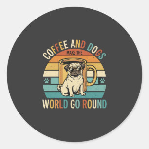 Adesivo Redondo Café e Cães Pug Retro Amante