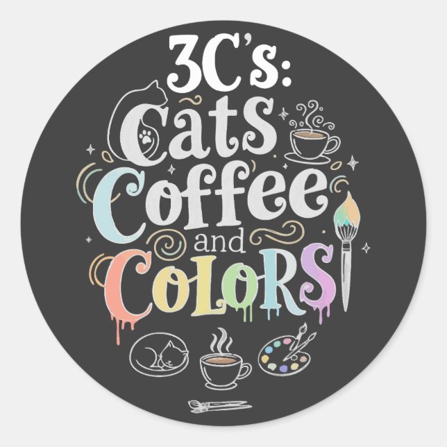 Adesivo Redondo Café e Cores dos Gatos (Frente)